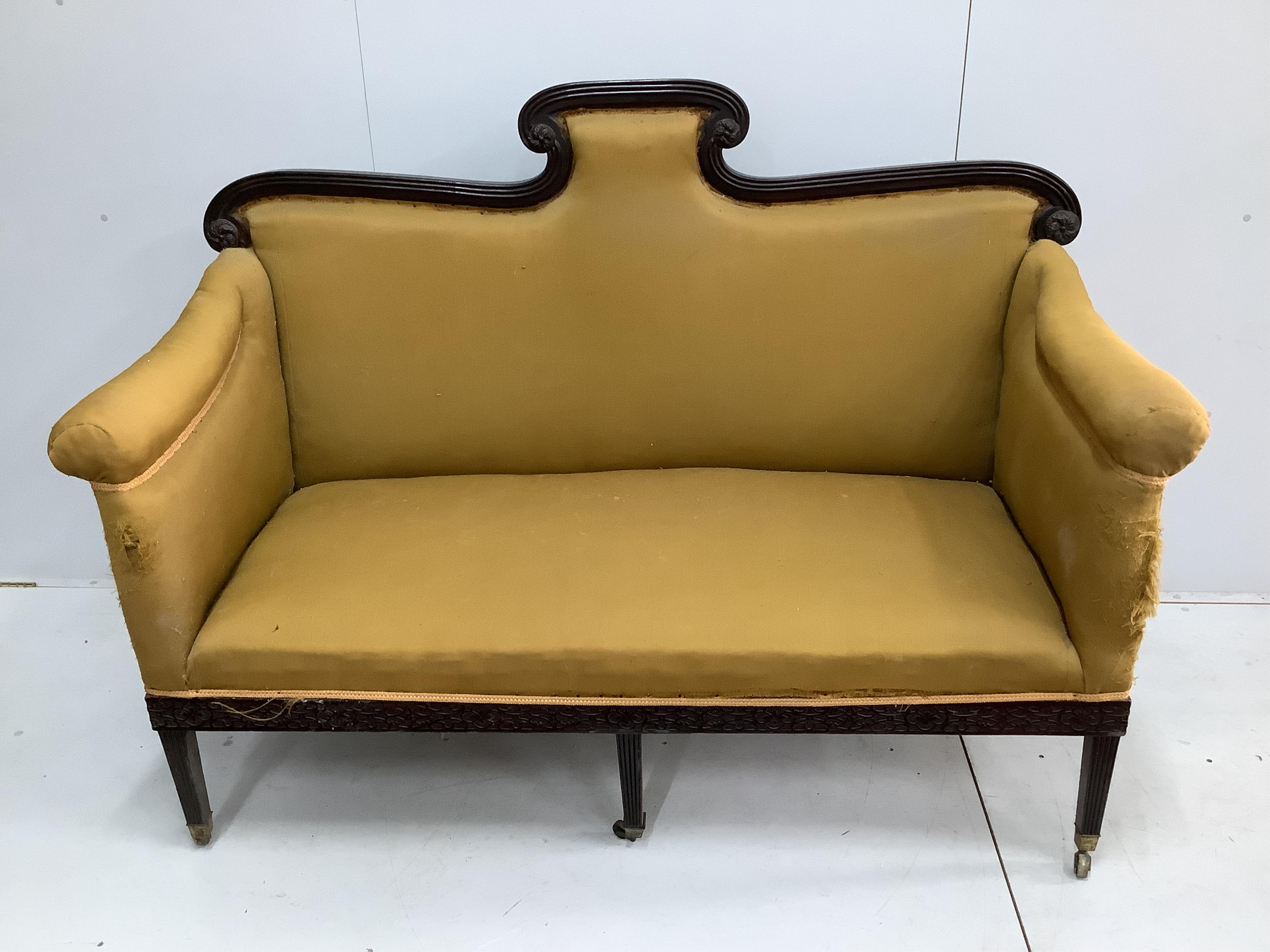 A George III mahogany settee, width 160cm, depth 70cm, height 116cm. Condition - fair